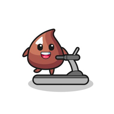 Çikolata parçacıklı çizgi film karakteri koşu bandında yürüyor, şirin bir tasarım.