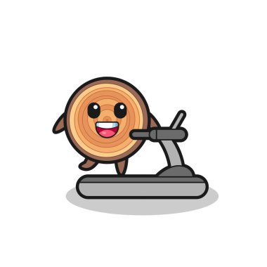 Tahta karikatür karakteri koşu bandında yürüyor, şirin bir tasarım.