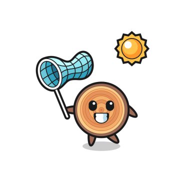 Tahta tohumu maskotu illüstrasyonu kelebeği yakalıyor, şirin tasarım.