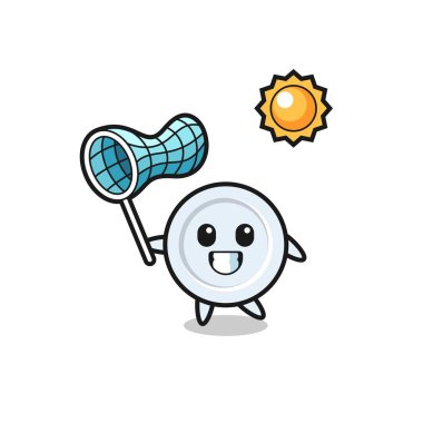 Tabak maskotu çizimi kelebeği yakalıyor, şirin tasarım.