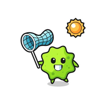 Splat maskot çizimi kelebeği yakalıyor, şirin tasarım.