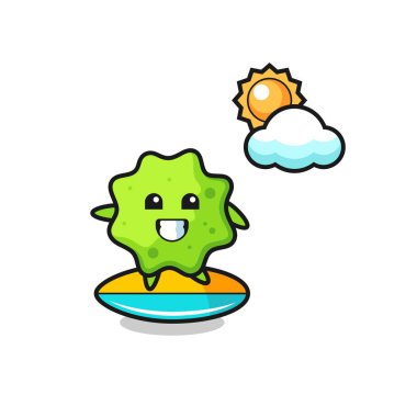 Sahilde sörf yapan çizgi film tasviri, şirin bir tasarım.