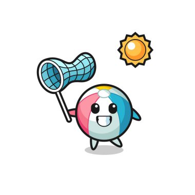 Plaj topu maskotu illüstrasyonu kelebeği yakalıyor, şirin tasarım.