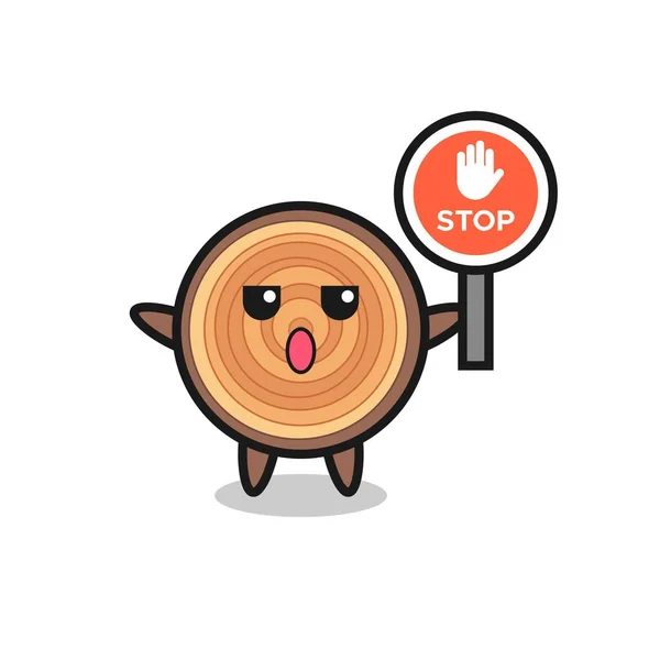 Wood Grain Character Illustration Holding Stop Sign Cute Design — Stock Vector