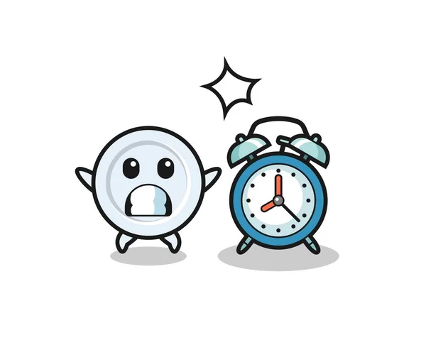 Dibujos Animados Ilustración Placa Sorprende Con Reloj Despertador Gigante Lindo — Vector de stock
