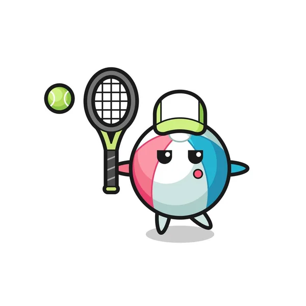 Cartoon Figur Des Beachballs Als Tennisspieler Niedliches Design — Stockvektor