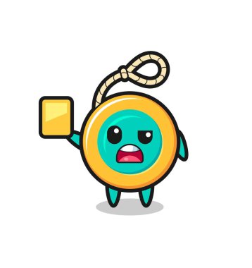 Futbol hakemi rolündeki çizgi film karakteri sarı kart veriyor, şirin bir tasarım.