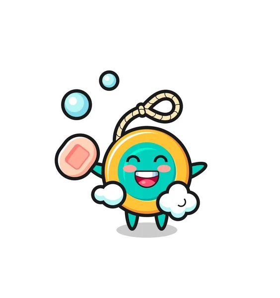 Yoyo Charakter Jest Kąpiel Podczas Trzymania Mydła Ładny Design — Wektor stockowy