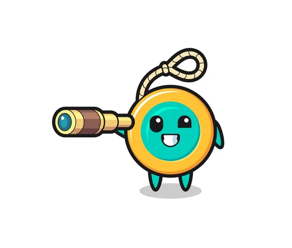 Cute Yoyo Character Holding Old Telescope Cute Design — Stock Vector