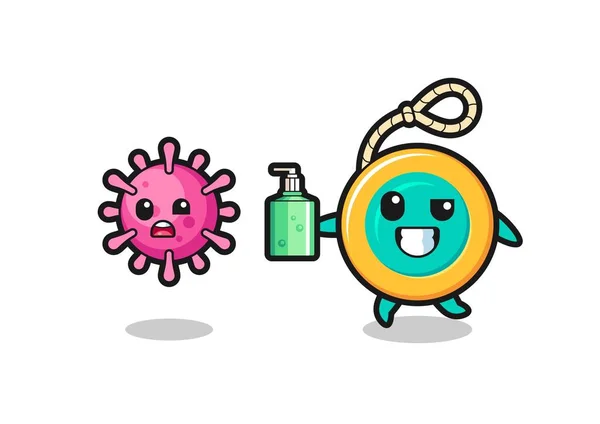 Illustration Yoyo Character Chasing Evil Virus Hand Sanitizer Cute Design — Stock Vector