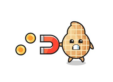 Yer fıstığı karakteri altın sikkeleri yakalamak için mıknatıs tutar, şirin bir tasarım.