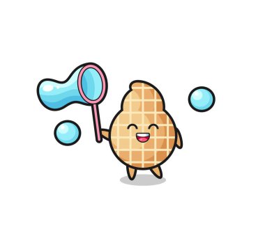 Mutlu fıstık karikatürü sabun köpüğü oynuyor, şirin tasarım.