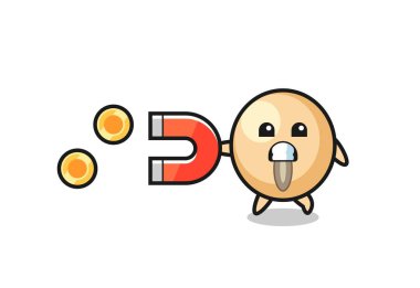 Soya fasulyesi karakteri altın sikkeleri yakalamak için bir mıknatıs tutuyor, şirin bir tasarım.