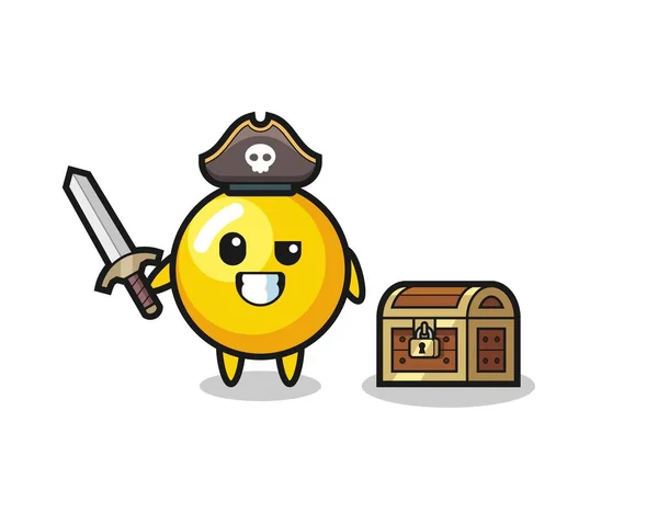 Het Dooier Piraat Karakter Met Zwaard Naast Een Schatkist Schattig — Stockvector