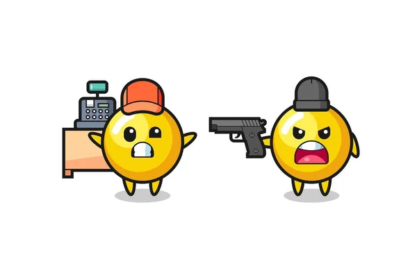 銀行員としての可愛い卵の黄身のイラストが強盗に銃を向けられてかわいいデザイン — ストックベクタ