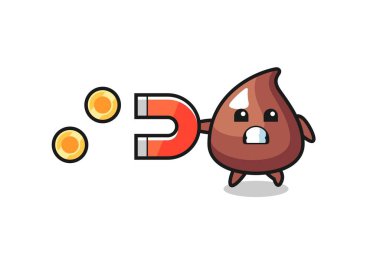 Choco Chip karakteri altın sikkeleri yakalamak için bir mıknatıs tutuyor, şirin tasarım.