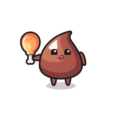 Çikolata parçacıklı şirin maskot kızarmış tavuk yiyor, şirin tasarım.