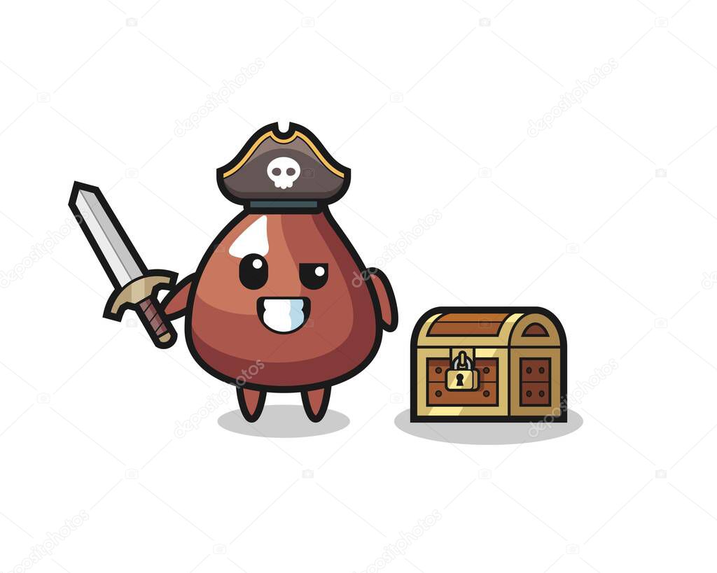 the choco chip pirate character holding sword beside a treasure box , cute design