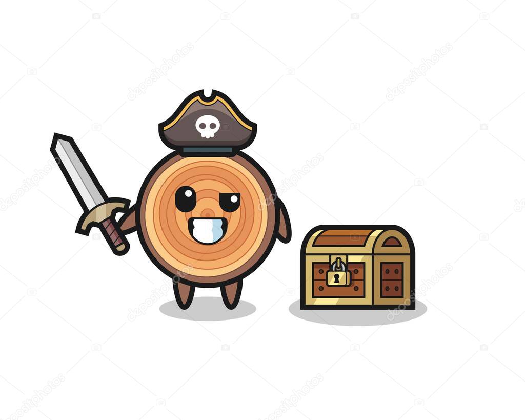 the wood grain pirate character holding sword beside a treasure box , cute design