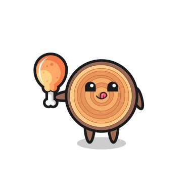 Tahta taneli şirin maskot kızarmış tavuk yiyor, şirin tasarım.