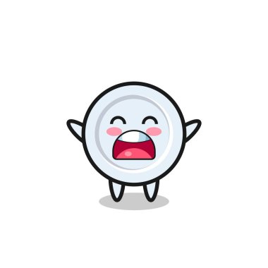 Şirin bir tabak maskotu, esnemiş bir ifadesi, şirin bir tasarımı var.