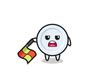 Tabak karakteri çizgi yargıcı bayrağı 45 derecelik açıyla aşağıda tut, şirin tasarım.