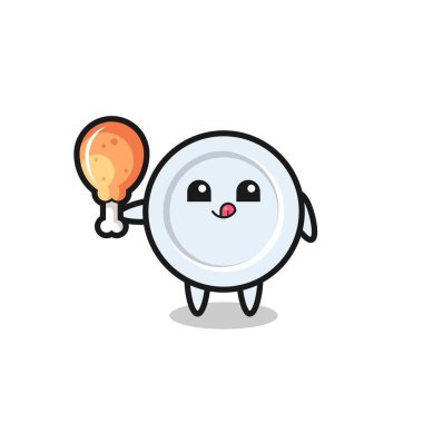 Şirin tabak maskotu kızarmış tavuk yiyor, şirin tasarım.