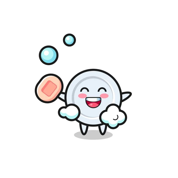 Plate Character Bathing While Holding Soap Cute Design — Stock Vector