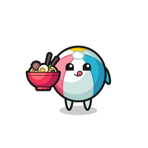 Cute Beach Ball Character Eating Noodles Cute Design — Stock Vector