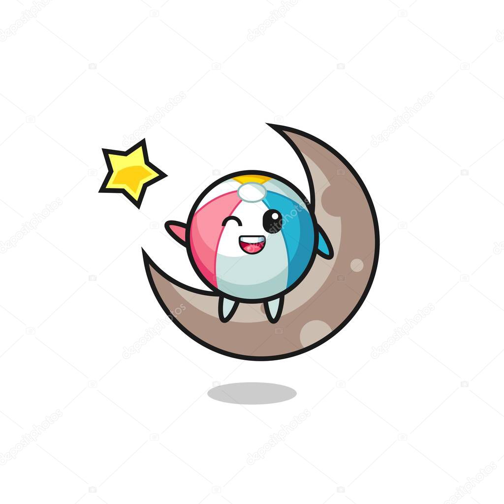 illustration of beach ball cartoon sitting on the half moon , cute design