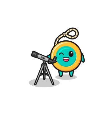 Modern teleskopu olan bir astronom maskotu, şirin bir tasarımı var.