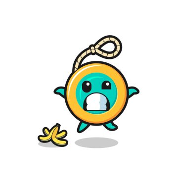 Yo çizgi film muz kabuğuna basıp kayar, şirin bir tasarım.