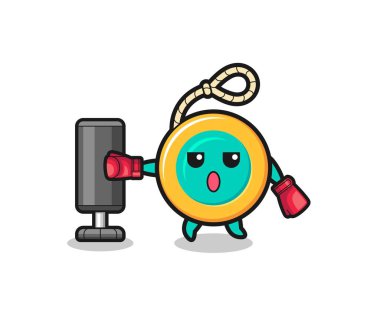 Yo boksör çizgi filmi kum torbasıyla antrenman yapıyor, şirin tasarım.