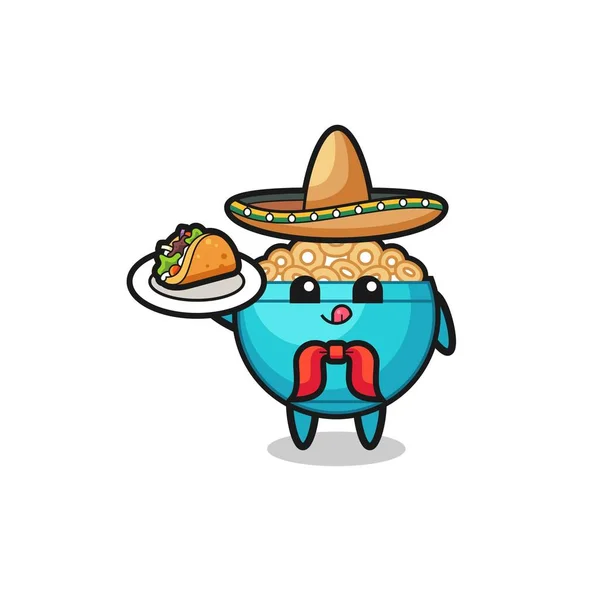 Bol Céréales Chef Mexicain Mascotte Tenant Taco Design Mignon — Image vectorielle