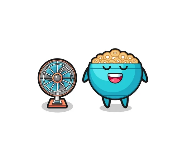 Cuenco Cereal Lindo Está Pie Delante Del Ventilador Lindo Diseño — Vector de stock