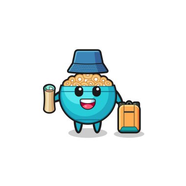 Mısır gevreği kasesi maskotu karakter yürüyüşçü, şirin tasarım.