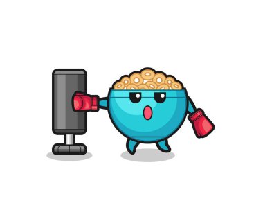 Mısır gevreği boksörü çizgi filmi kum torbasıyla antrenman yapıyor, şirin tasarım.