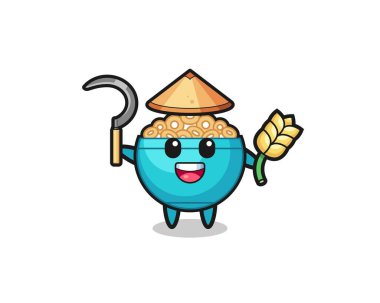 Mısır gevreği kasesi Asyalı çiftçi çeltik tutuyor, şirin tasarım.