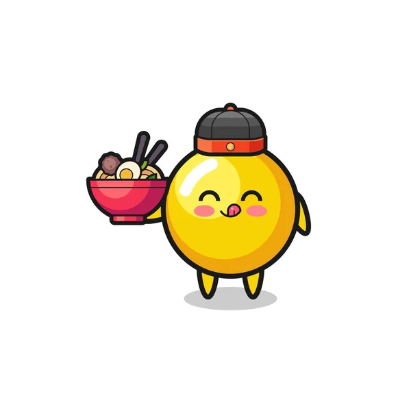 蛋黄作为中国厨师吉祥物 拿着一个面条碗 可爱的设计 — 图库矢量图片