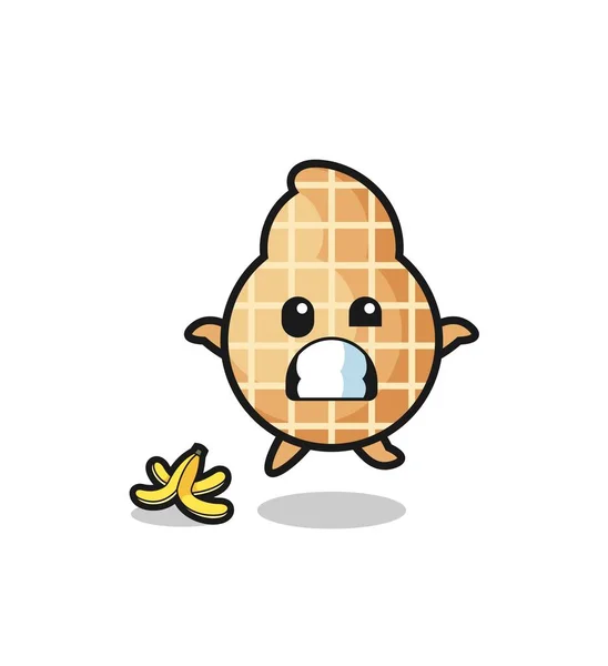 Arašídové Karikatury Uklouznutí Banánové Slupce Roztomilý Design — Stockový vektor