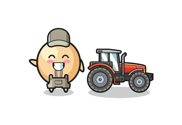 Mascota Del Granjero Soja Pie Junto Tractor Lindo Diseño — Vector de stock