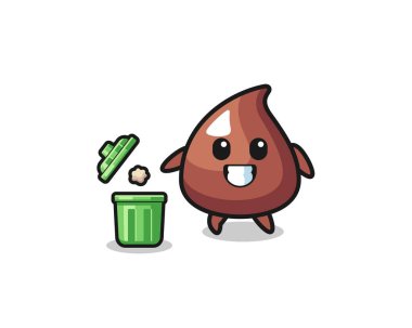 Çöp tenekesine çöp atan çikolata parçasının resmi, şirin bir tasarım.