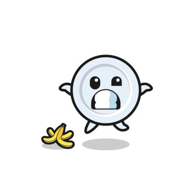 Tabak karikatürü muz kabuğunda kayar, şirin bir tasarım.