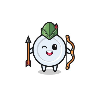 Orta çağ okçu maskotu olarak tabak karikatürü, şirin tasarım.