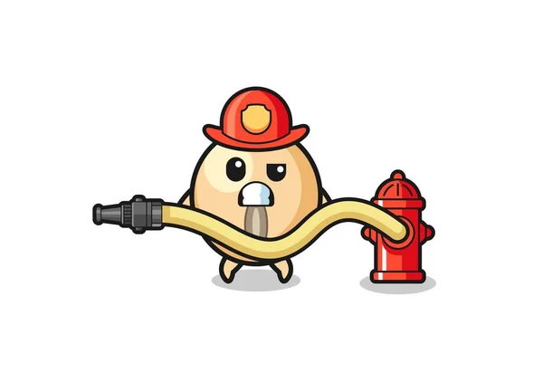 ウォーターホース付きの消防マスコットとしての大豆漫画かわいいデザイン — ストックベクタ