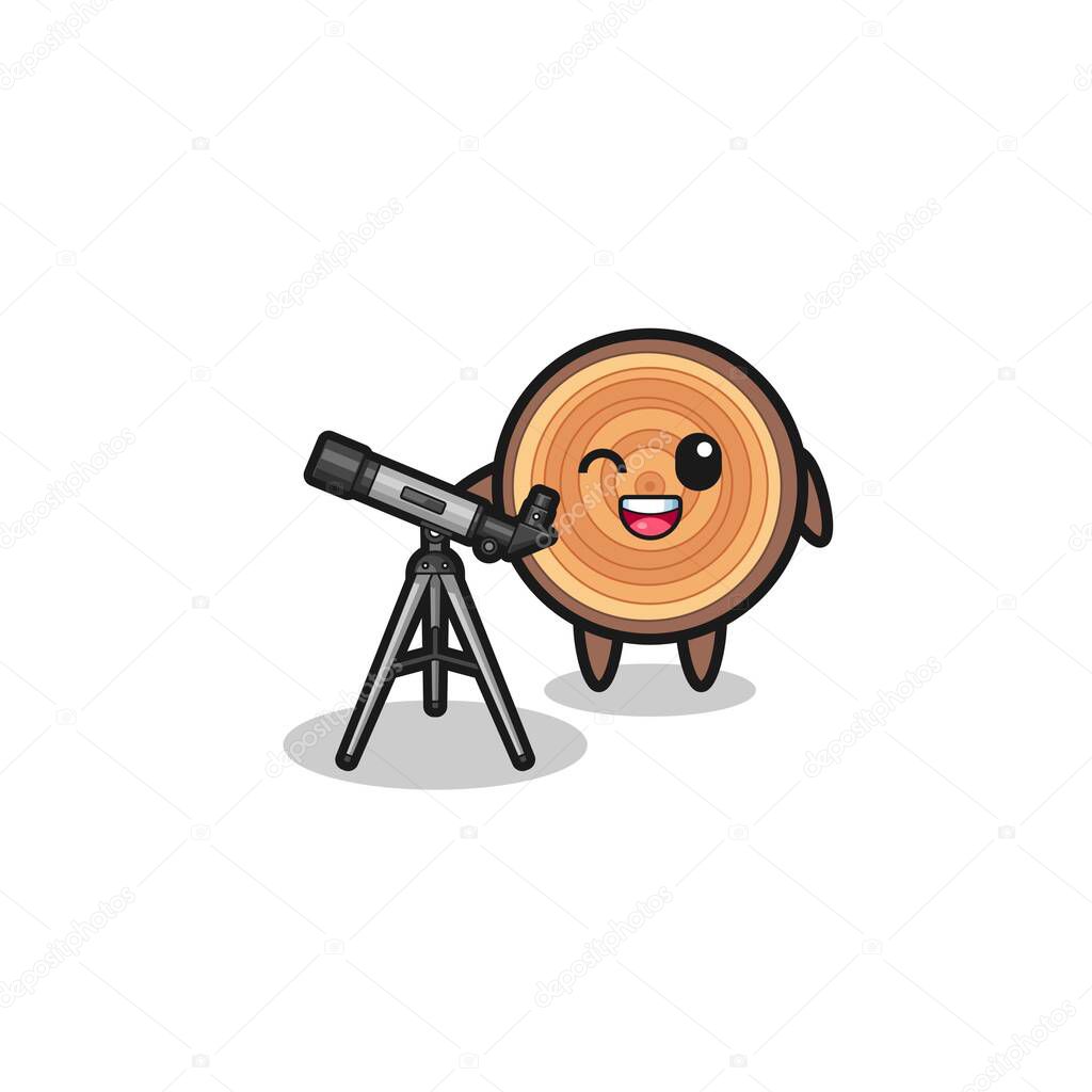 wood grain astronomer mascot with a modern telescope , cute design