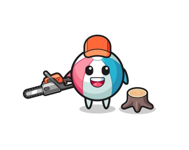 Plaj topu, elinde testere tutan oduncu karakter, şirin bir tasarım.