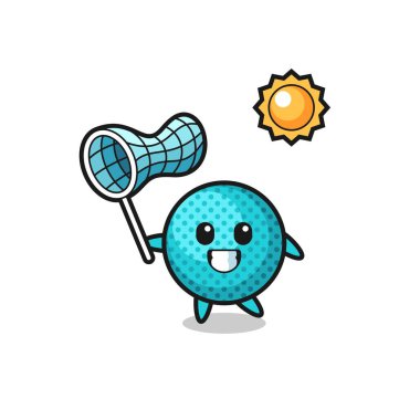 Dikenli top maskotu çizimi kelebeği yakalıyor, şirin tasarım.