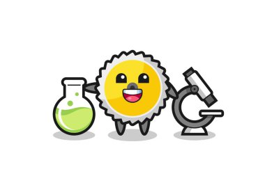 Testere bıçağının maskot karakteri bilim adamı, şirin bir tasarım.