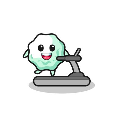 Koşu bandında yürüyen sakız çizgi film karakteri, şirin bir tasarım.